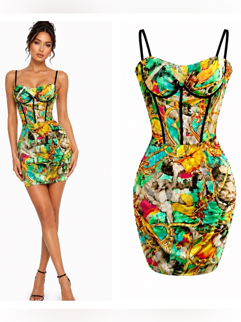 Fashion Nova Baroque Print Corset Mini Dress Bodycon Ruched Party Dress L